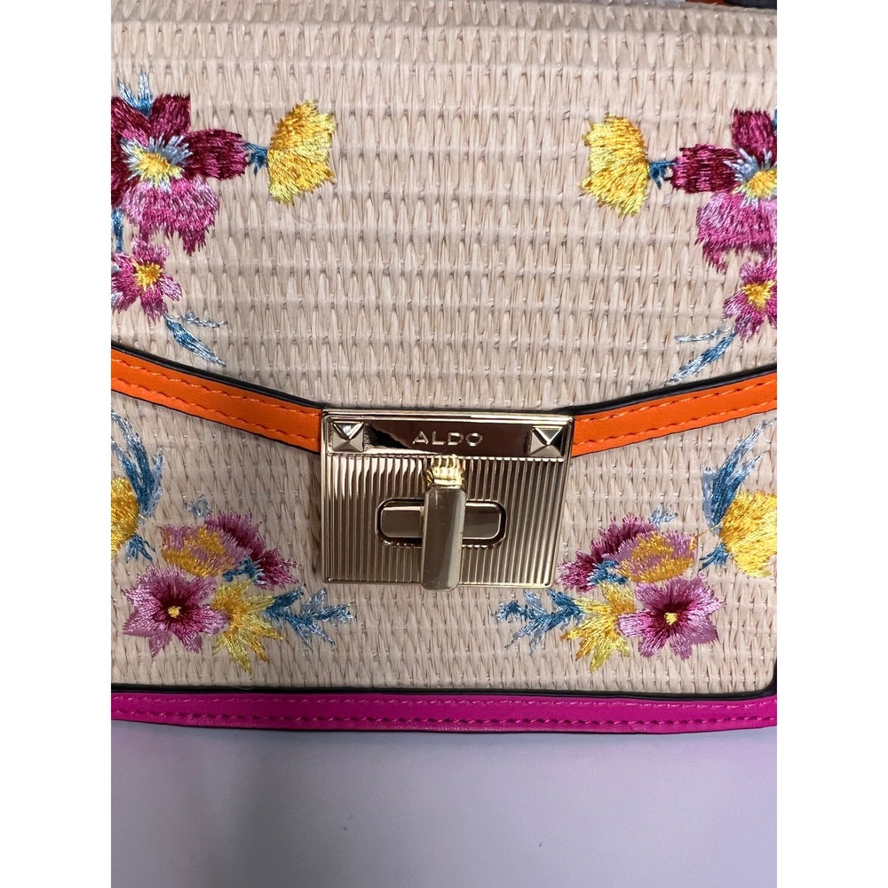 Aldo Floral Embroidered Straw Satchel Bag Colorblock Pink Orange Top Handle - Picture 2 of 11